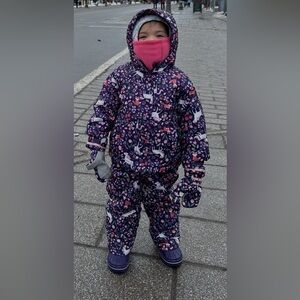 Unicorn and Floral Kids snowsuit jacket, pants, and boots